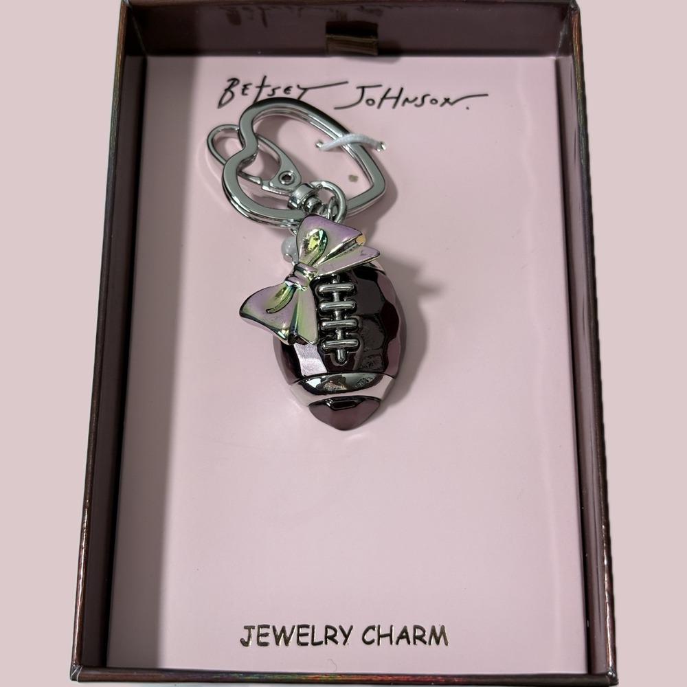 Betsey Johnson Silver-Tone Sports Chic Football Bow Heart Charm Keychain Fob NIB